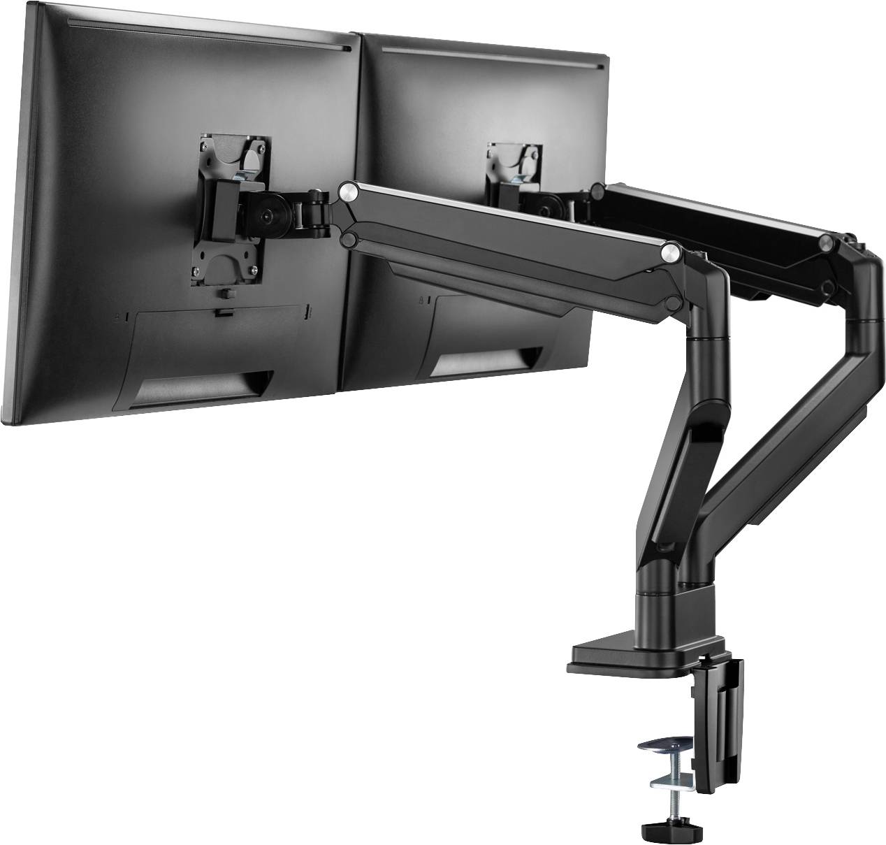 Držák počítačového monitoru se dvěma nastavitelnými rameny, který udrží dva monitory. Ideální pro ergonomickou úpravu pracoviště.