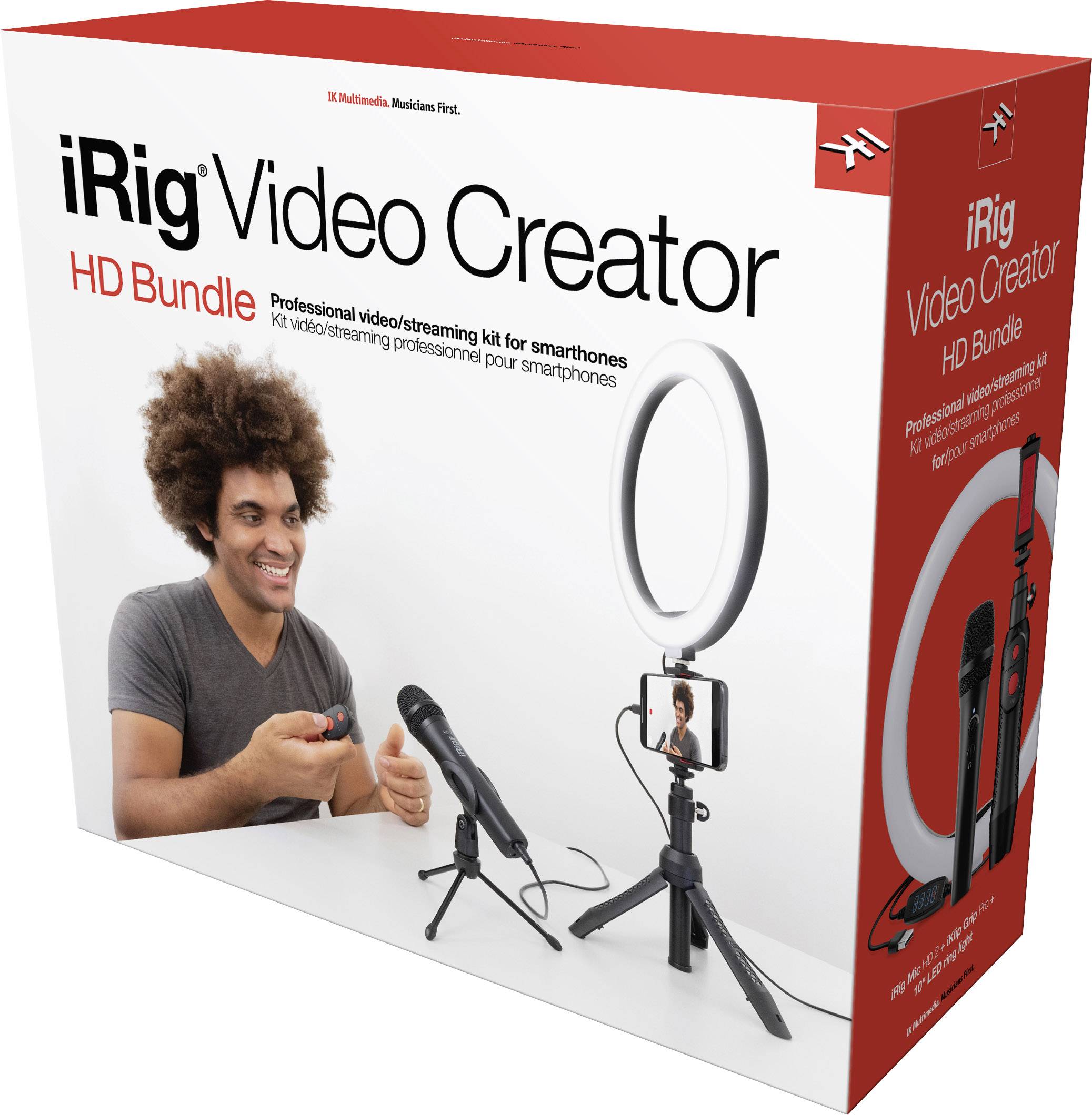 Balení sady iRig Video Creator HD obsahuje vybavení pro tvorbu videí a streamování, včetně stativu, mikrofonu a kruhového světla.