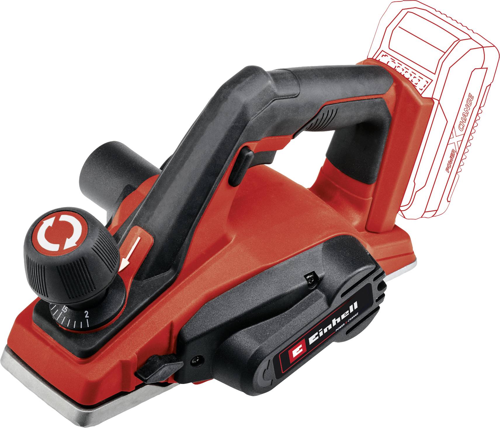 Elektrický ruční hoblík v červené a černé barvě, kompaktní design, ergonomická rukojeť, otočný knoflík pro nastavení hloubky hoblovení, baterie není součástí balení.