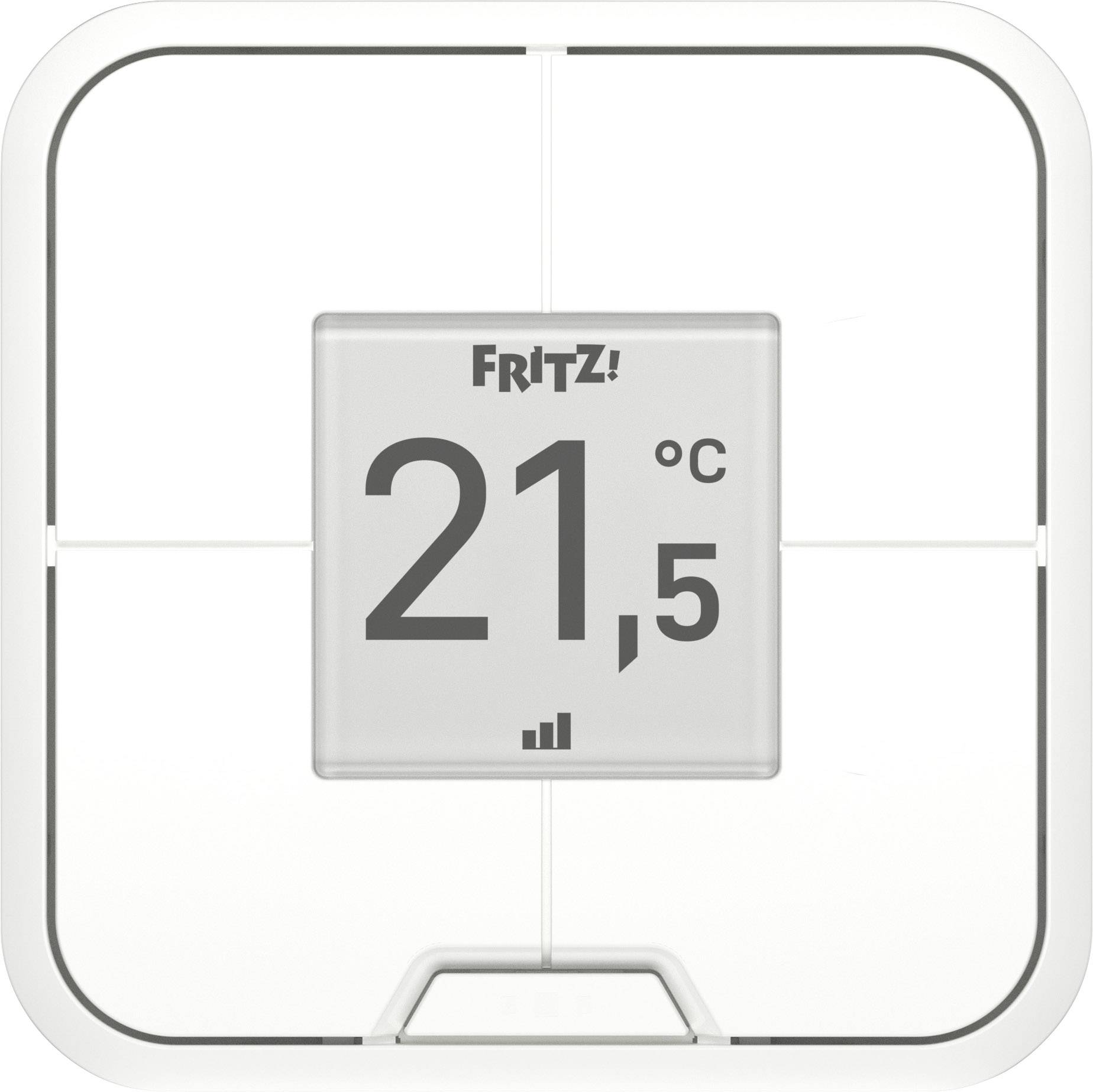 Termostat zobrazuje 'FRITZ!' a teplotu 21,5 °C.