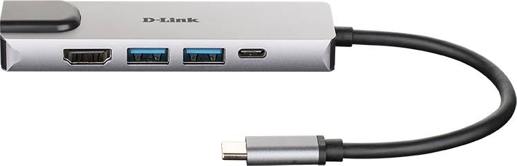 Stříbrný USB-C rozbočovač s HDMI a dvěma USB porty, propojený černým kabelem.