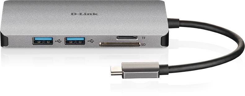 Rozbočovač USB-C se dvěma USB porty, čtečkou SD a TF karet, propojený krátkým kabelem. Na stříbrném pozadí.