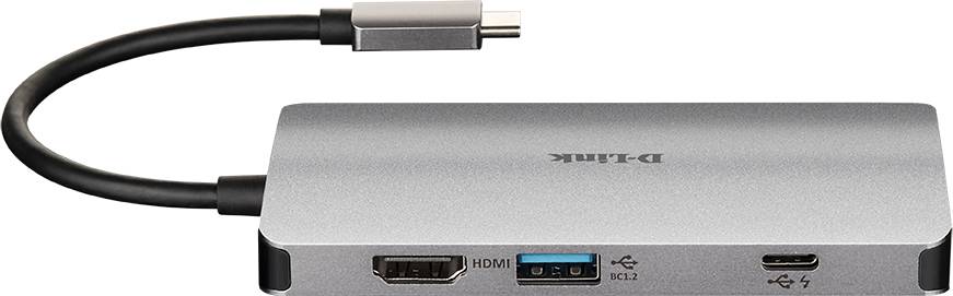 Stříbrný USB-C multoportový adaptér od D-Linku s porty pro HDMI, USB a Thunderbolt, vybavený krátkým propojovacím kabelem.