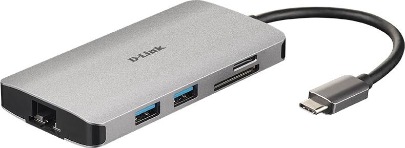 Šedý USB-C hub od D-Linku s HDMI portem, dvěma USB 3.0 porty, ethernetovým konektorem a čtečkou SD karet, vhodný pro notebooky.