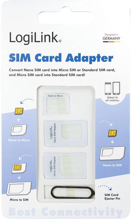 LogiLink adaptér SIM karet: Převádí nano-SIM na micro-SIM nebo standardní SIM. Obsahuje adaptér a vysouvací špendlík.