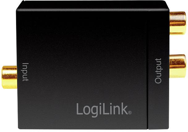 Černý LogiLink audio konvertor s popiskami "Input" a "Output" na stranách, zlaté konektory na obou koncích.