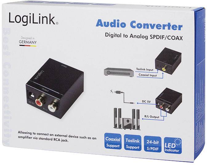 Obal 'LogiLink Audio Converter'. Zařízení převádí digitální signály (SPDIF/COAX) na analogové. Podporuje Toslink, koaxiální a 24-bitový SPDIF.