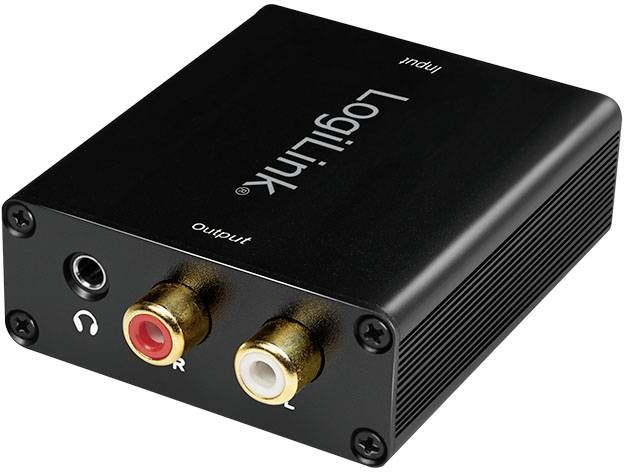 Černý LogiLink audio konvertor s cinch konektory a zdířkou pro sluchátka, označený štítky "Input" a "Output".