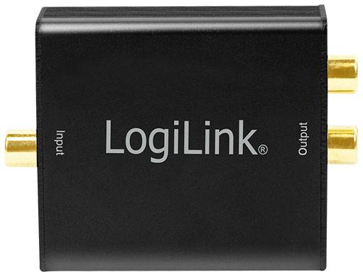 Audio konvertor LogiLink s popiskami 'Input' a 'Output' na bocích. Černé tělo s pozlacenými konektory.