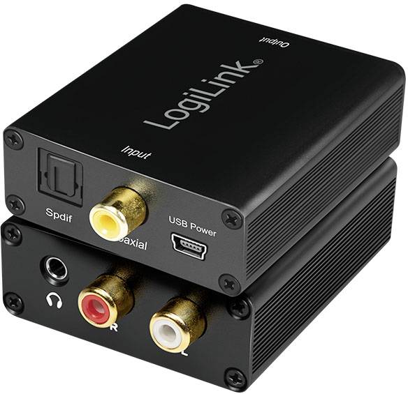 Černý digitálně-analogový převodník od LogiLinku s konektory pro SPDIF, koaxiální vstup a USB napájení, včetně výstupu pro sluchátka.