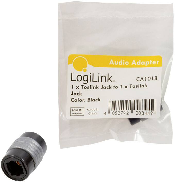 Toslink adaptér značky LogiLink. Balení ukazuje specifikace: 1x Toslink zásuvka na 1x Toslink zásuvku, barva: černá. Balení je v souladu s RoHS.