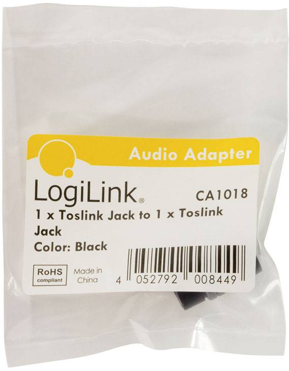 Balení adaptéru LogiLink Audio, s nápisem '1 x Toslink Jack na 1 x Toslink Jack', černá barva, vyrobeno v Číně.