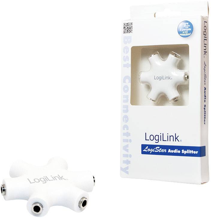 Bílý audio rozbočovač ve hvězdicovitém designu s pěti porty a jeho obalem. Text na obalu: 'LogiLink LogiStar Audio Splitter'.