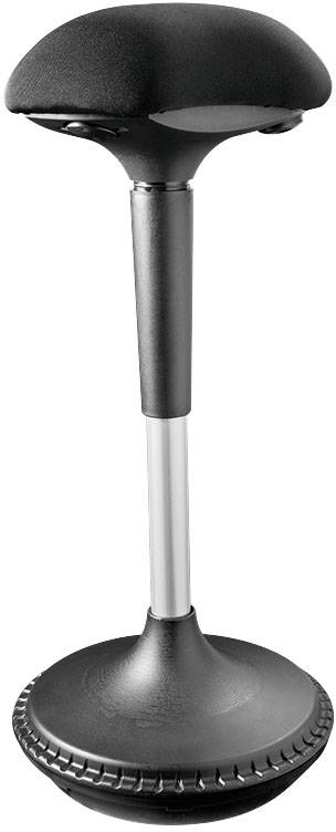 Černá výškově nastavitelná stolička na stání s čalouněným sedákem a stabilní základnou. Ideální pro ergonomickou práci ve stoje.