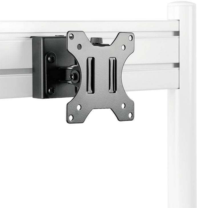 Držák VESA namontovaný na vertikálním stojanu, vhodný pro instalaci monitorů na konstrukční lištu.