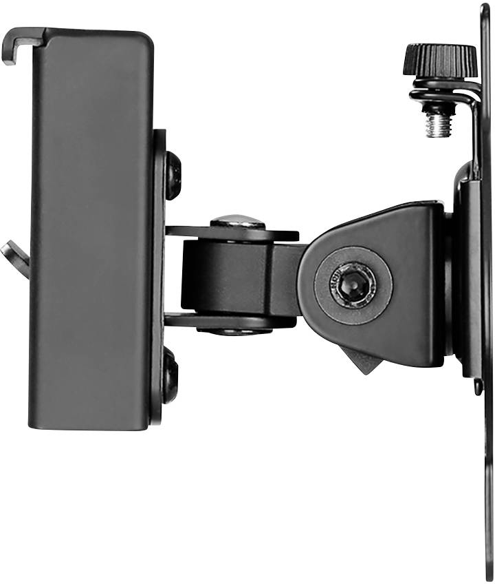 Boční pohled na černý, nastavitelný držák se šroubovým mechanismem, vhodný pro upevnění na stěnu nebo stojan monitoru.