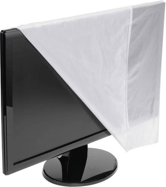 Černý monitor s bílou látkou, která částečně zakrývá jeden roh, pravděpodobně pro ochranu nebo čištění.