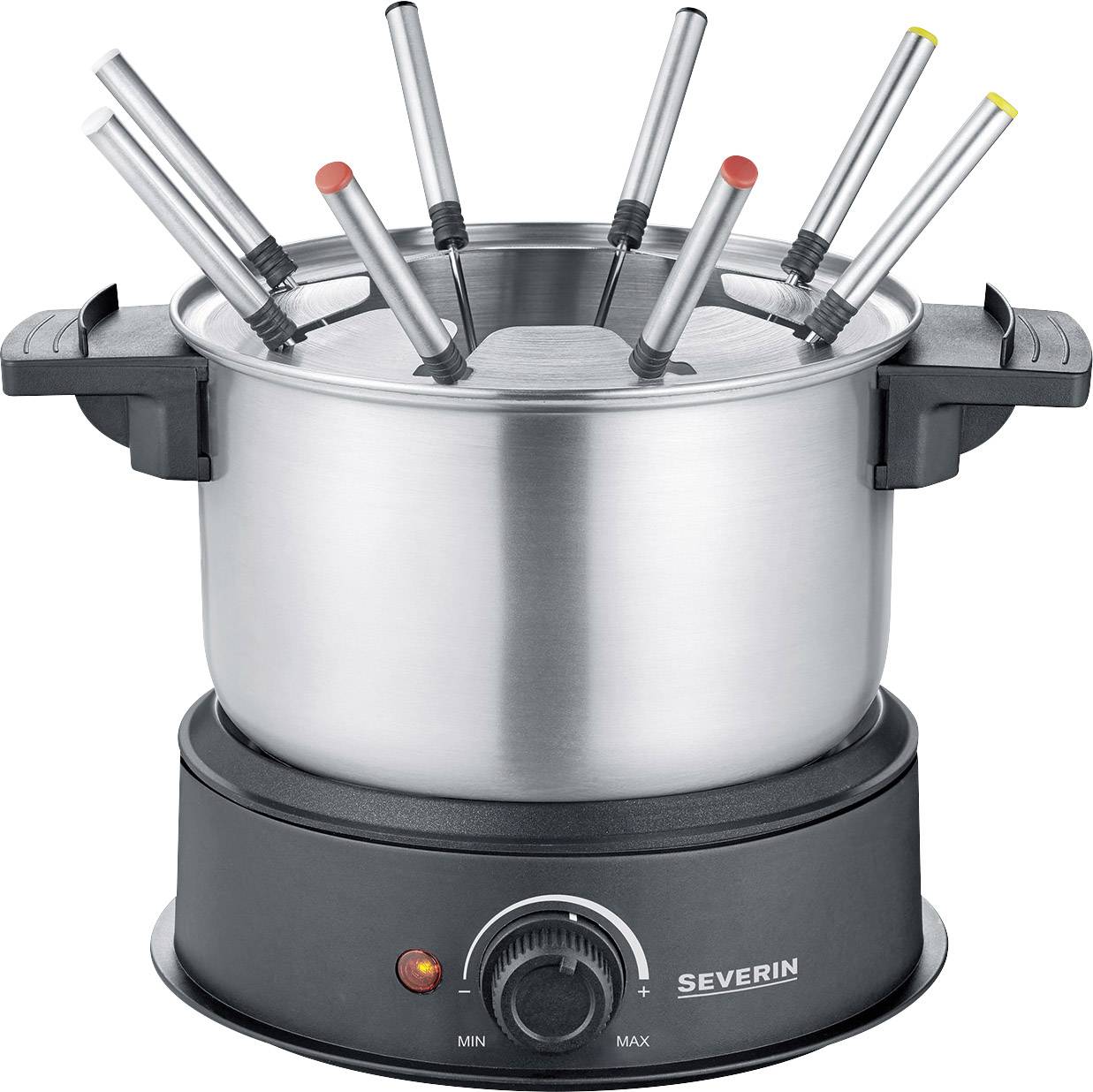 Elektrický fondue hrnec z nerezové oceli s nastavitelnou teplotou a osmi vidličkami v různých barvách pro společenské stolování.