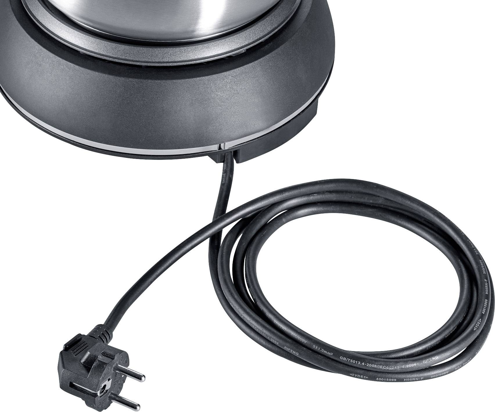 Černý kabel se zástrčkou je připojen k základně, pravděpodobně pro elektrický kuchyňský spotřebič.