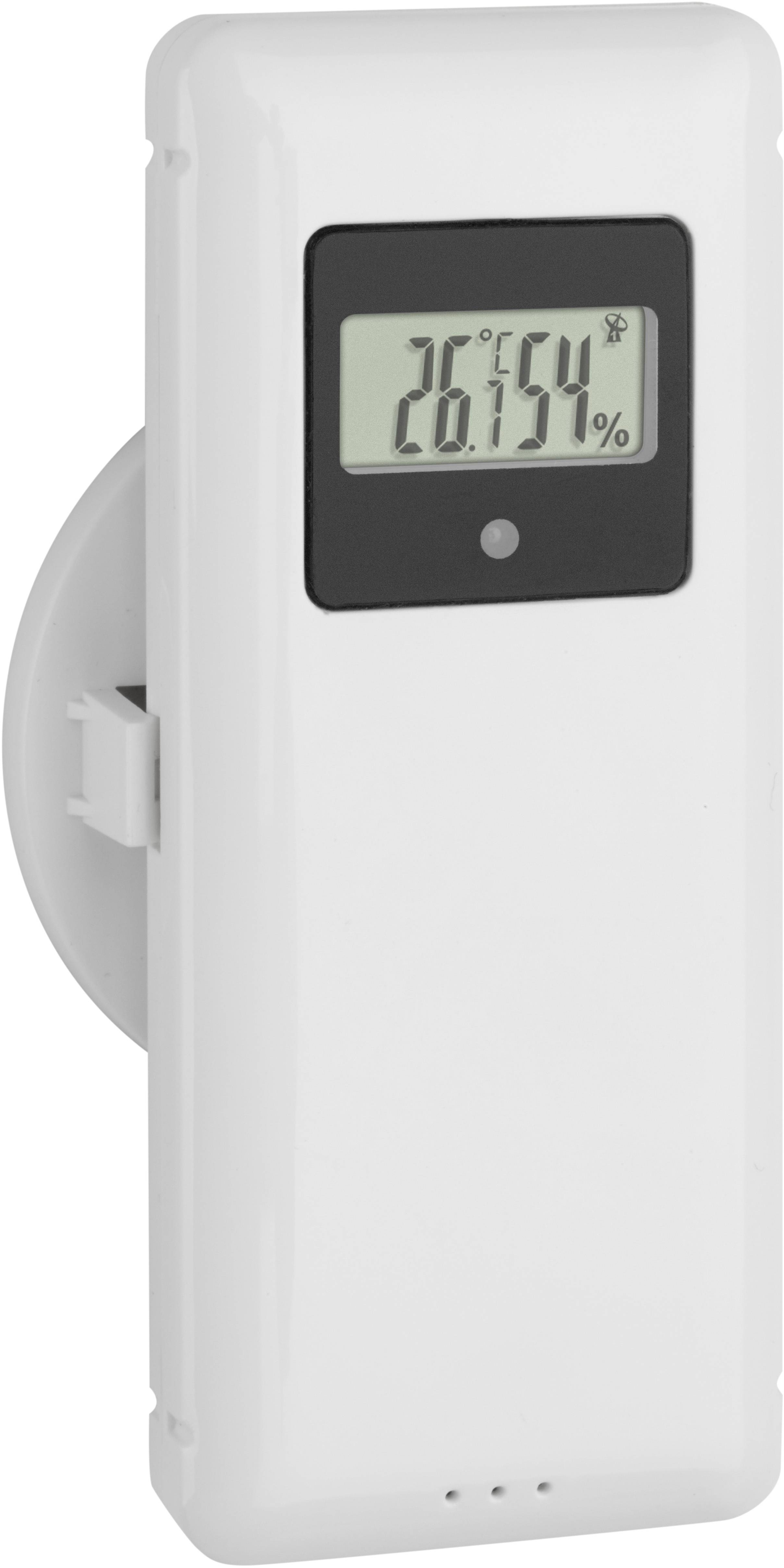 Digitální teploměr ukazuje teplotu 26,5°C. Přístroj je moderní a obdélníkový s displejem v horní části.