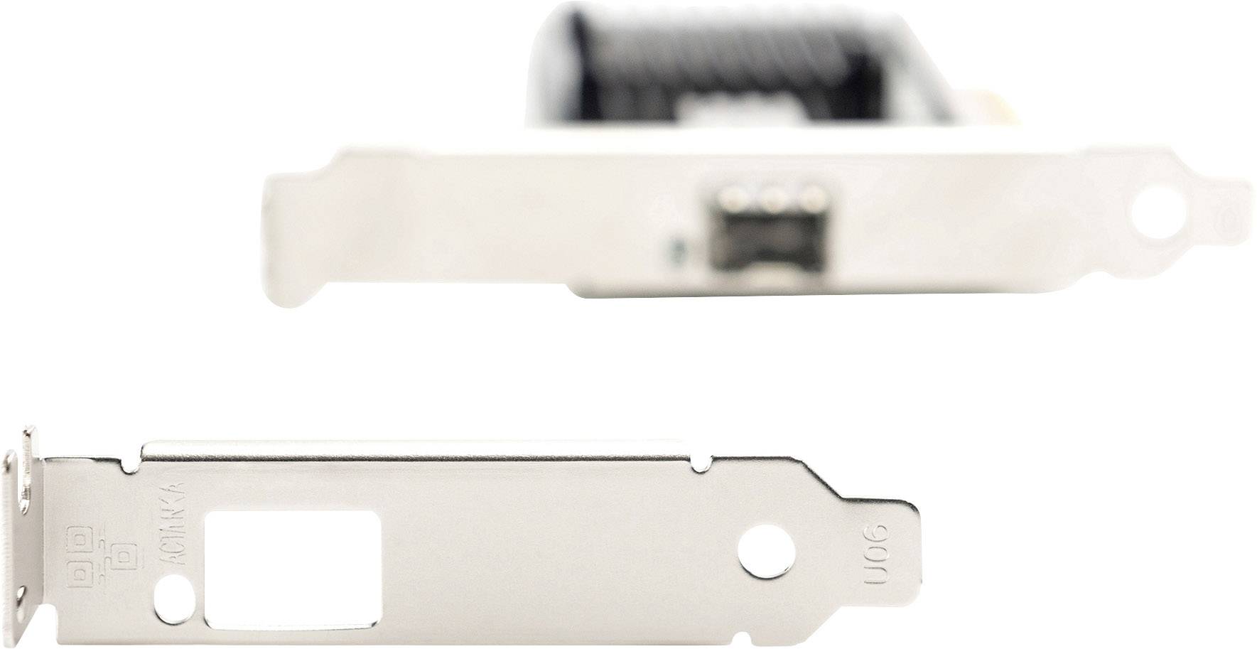 Detailní záběr rozšiřující počítačové karty se zaměřením na kovový upevňovací prvek. Karta obsahuje konektory pro interní propojení.