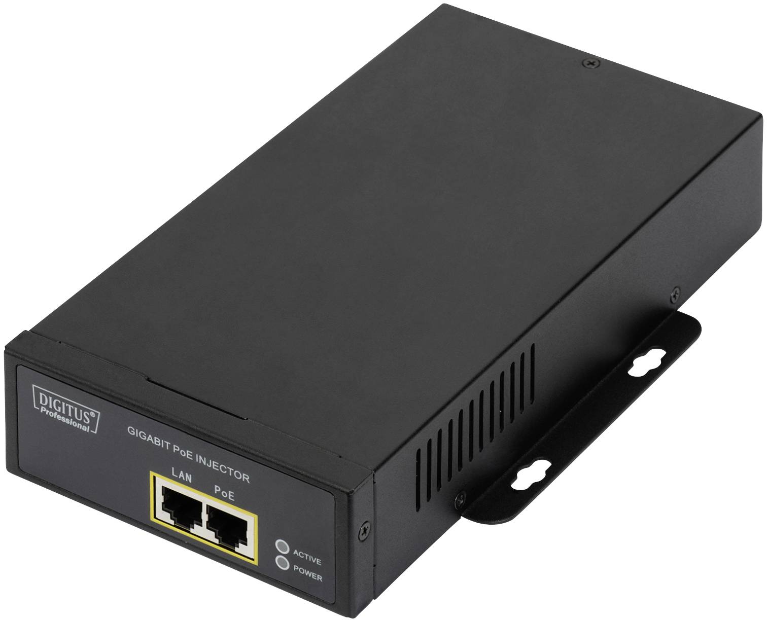 Černý gigabitový PoE injektor od společnosti Digitus se dvěma síťovými porty, jedním pro LAN a jedním pro PoE, zobrazuje stavové LED indikátory pro aktivitu a napájení.