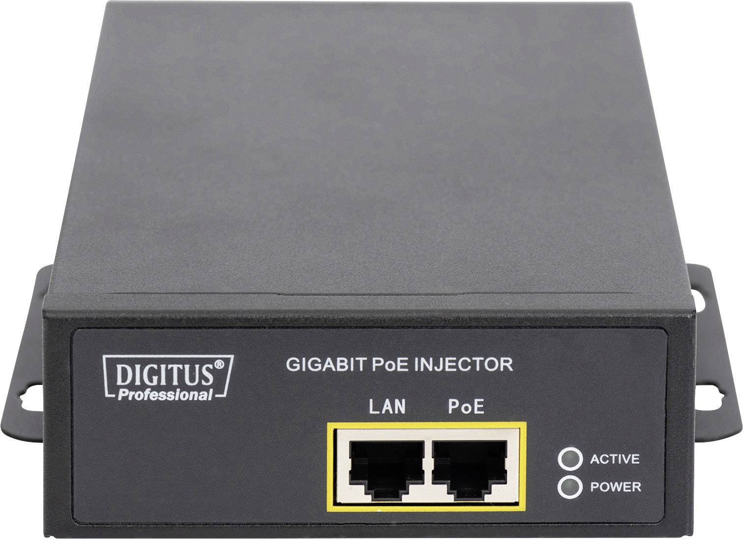 Gigabitový PoE injektor od Digitus Professional. Pohled zepředu ukazuje LAN a PoE konektory. Přítomny jsou indikační LED diody pro aktivitu a napájení.