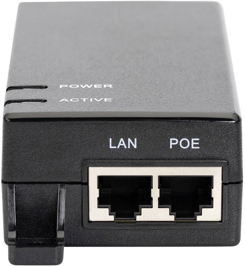 Černé síťové zařízení se dvěma ethernetovými porty, označené štítky 'LAN' a 'POE'. Nahoře jsou napsány štítky 'POWER' a 'ACTIVE'.
