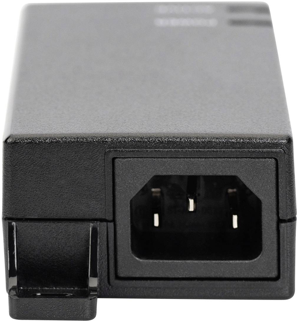 Černé elektronické zařízení s tříkolíkovým síťovým připojením.