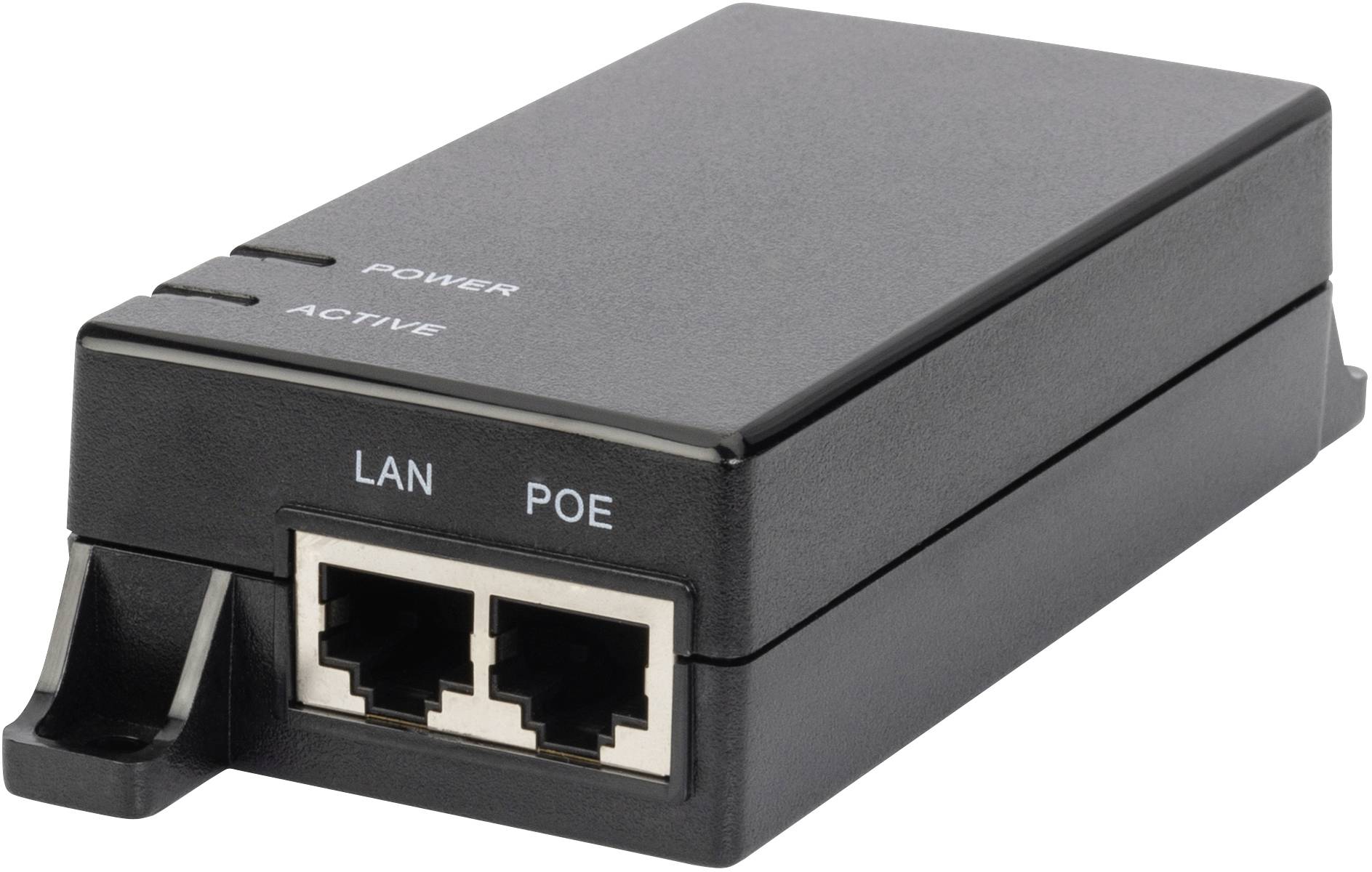 Černý síťový adaptér se dvěma popisky: „LAN" a „POE". Přední strana ukazuje dva porty. Horní strana zobrazuje nápisy „POWER" a „ACTIVE".