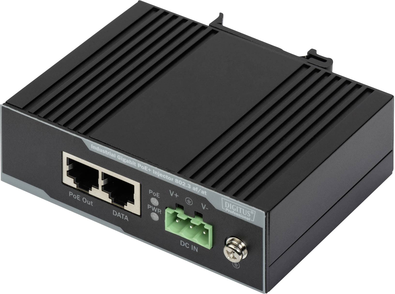 Černý průmyslový PoE injektor se dvěma ethernetovými porty, zeleným stejnosměrným vstupem a kovovým pouzdrem pro napájení zařízení.