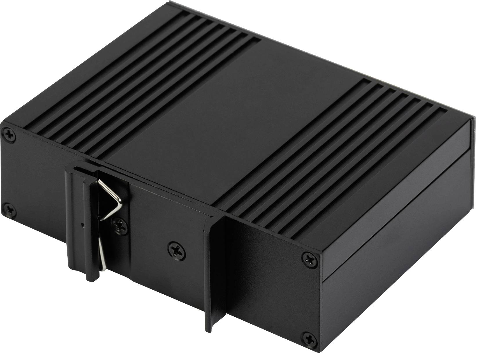 Černý, obdélníkový kovový kryt s bočními ventilačními otvory. Vhodný pro umístění a ochranu elektronických komponentů.