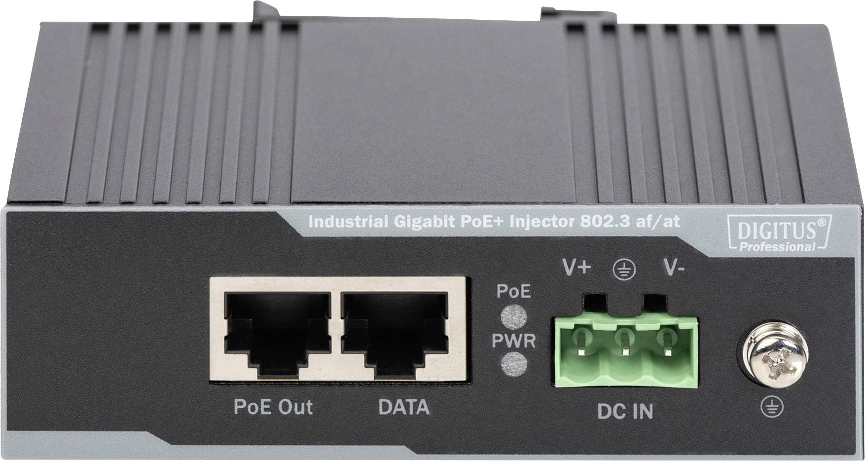 Průmyslový Gigabit PoE+ injektor se dvěma ethernetovými porty 'PoE Out' a 'DATA', jakož i napájecími přípojkami 'V+', 'V-' a 'DC IN'.
