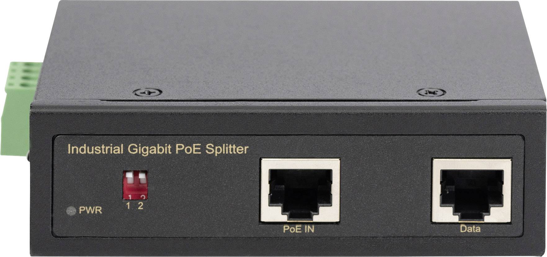 Průmyslový gigabitový PoE rozdělovač se dvěma síťovými porty 'PoE IN' a 'Data', LED indikátor stavu napájení.