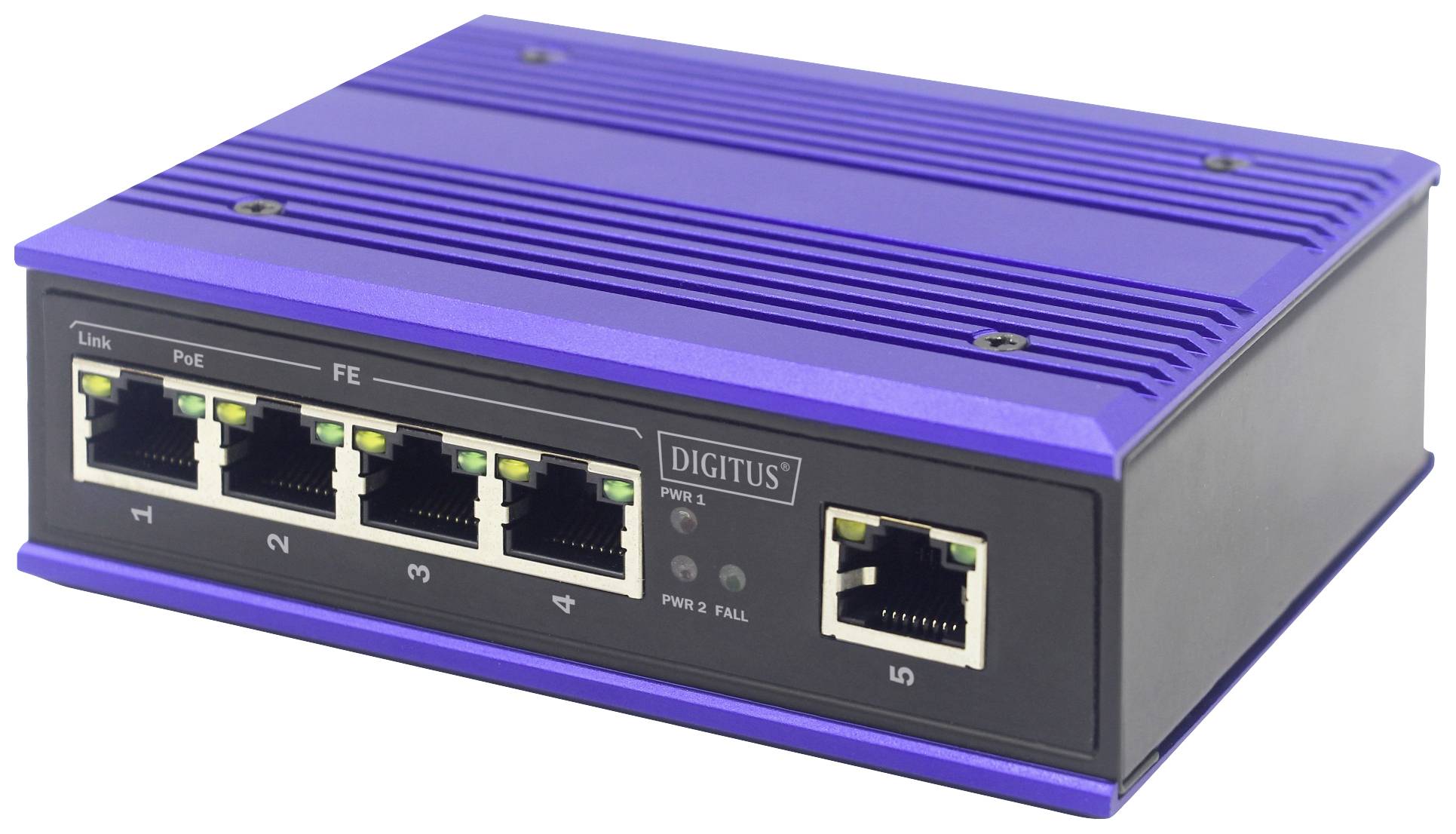 Kompaktní modrý ethernetový switch s pěti RJ45 porty, vhodný pro rozšíření sítě v kancelářích nebo domácích sítích.