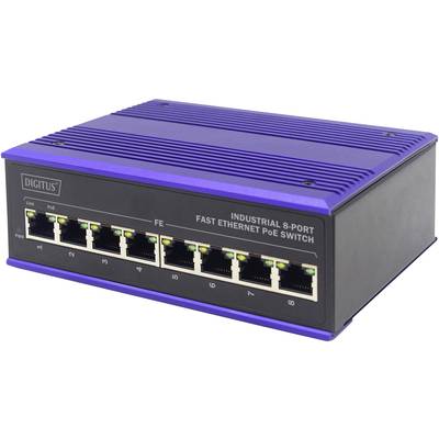 Průmyslový 8-portový Fast Ethernet PoE switch s modrou horní stranou a černými síťovými konektory.