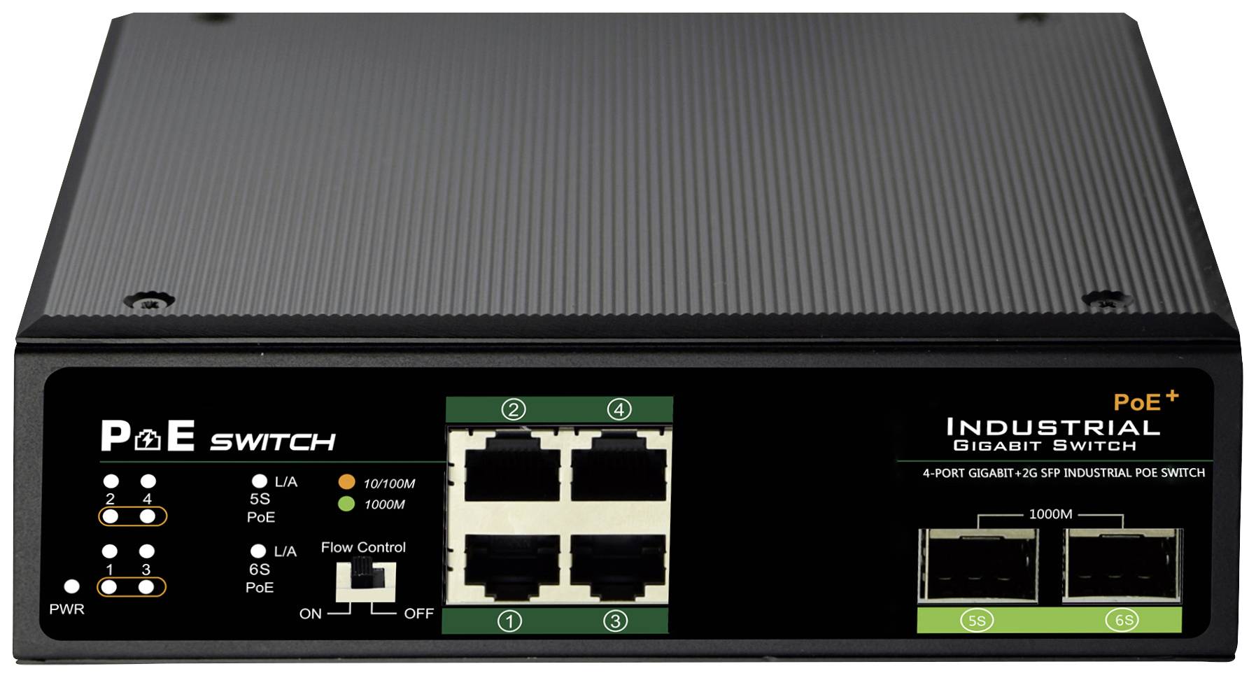 Průmyslový gigabitový PoE switch se čtyřmi LAN porty a dvěma dalšími přípojkami, vhodný pro průmyslové síťové aplikace.