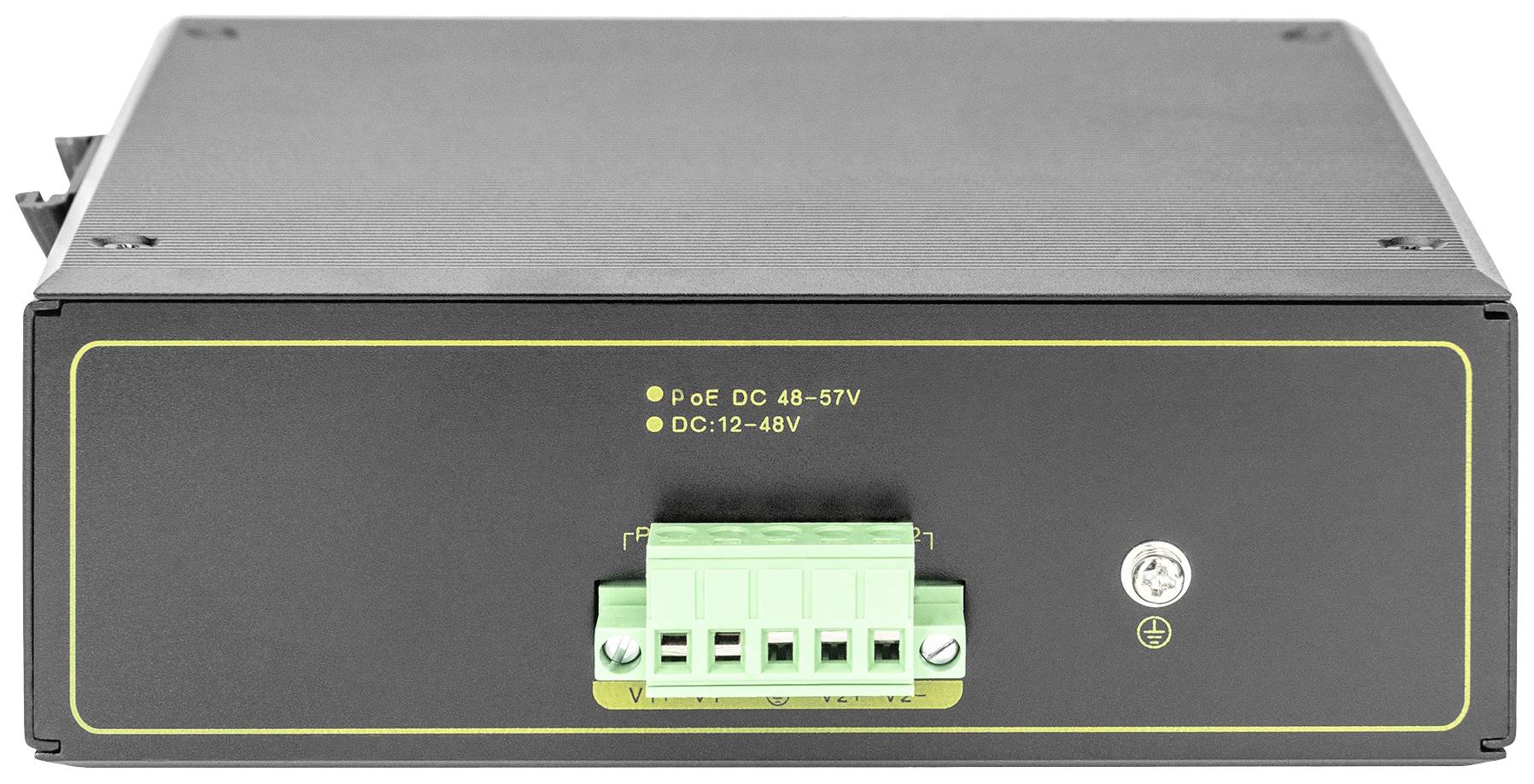 Černé, obdélníkové elektrické zařízení se zelenou připojovací svorkou a žlutým označením pro vstupy napájení.