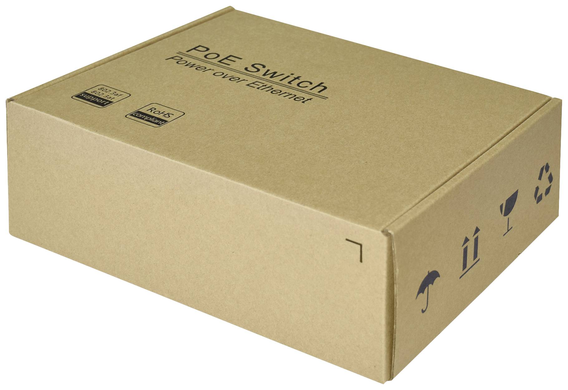 Hnědá krabice s nápisem 'PoE Switch Power over Ethernet'. Na obalu jsou viditelné symboly křehkosti a recyklace.
