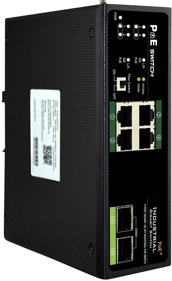 Průmyslový PoE switch se čtyřmi ethernetovými porty a dvěma optickými sloty. LED diody indikují stav sítě a napájení.