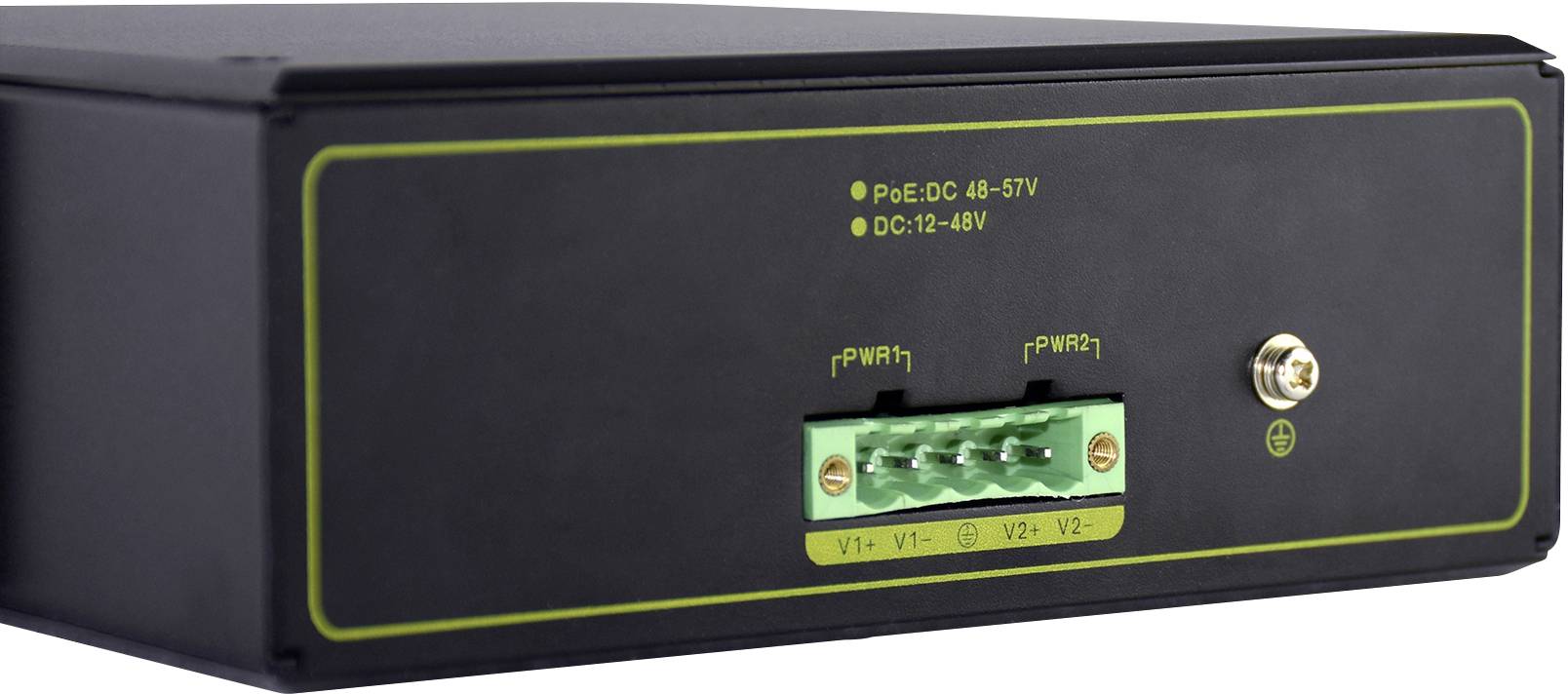 'Černé elektronické zařízení se zeleným připojovacím páskem, označené "V1-" a "V2+", se zlatým konektorem vpravo.'