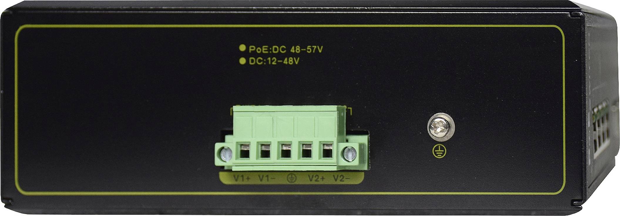 Černé síťové zařízení se zelenými konektory a spínačem. Označené štítkem "PoE: DC 48-57V" a "DC: 12-48V".