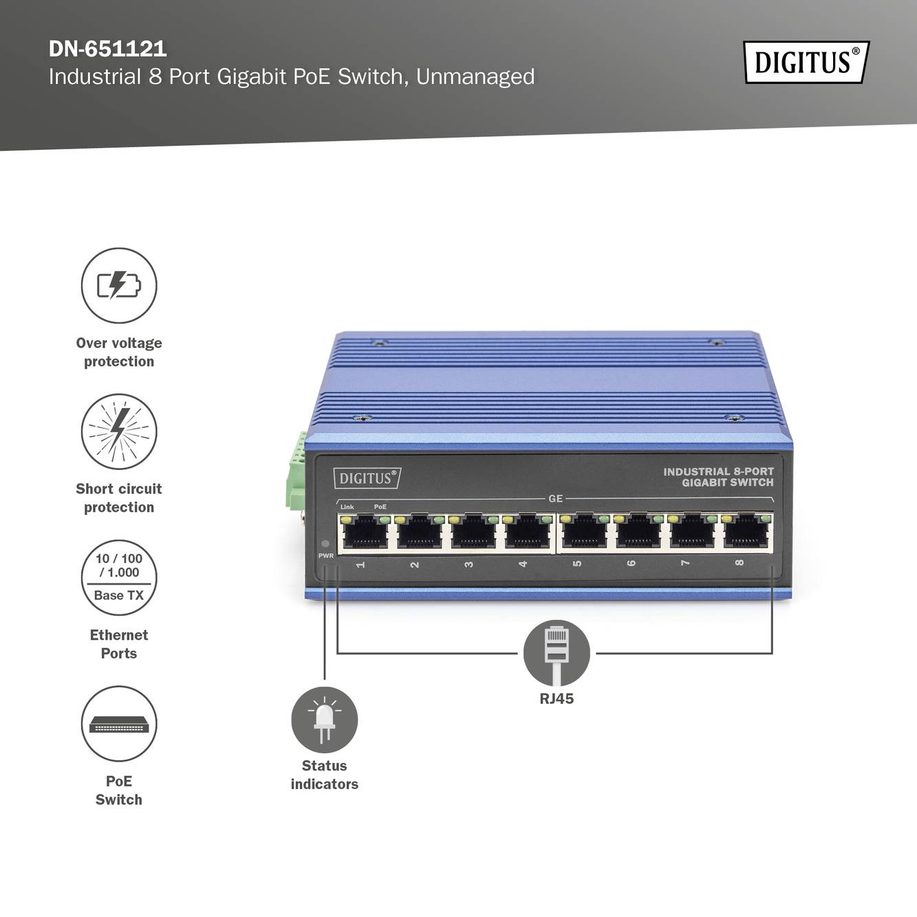 Průmyslový 8portový gigabitový switch, modrý, s RJ45 porty. Nabízí ochranu před přepětím, podpětím a zkratem.