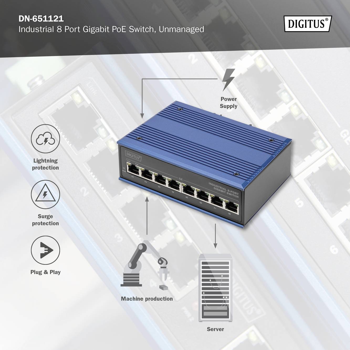 Průmyslový 8-portový gigabitový PoE switch, nespravovaný. Obsahuje indikátory napájení, ochrany proti přepětí a blesku.