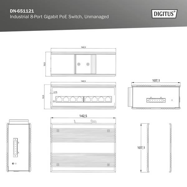 Digitus DN-651121 průmyslový ethernetový switch 10 / 100 / 1000 MBit/s IEEE 802.3af (12.95 W), IEEE 802.3at (25.5 W)
