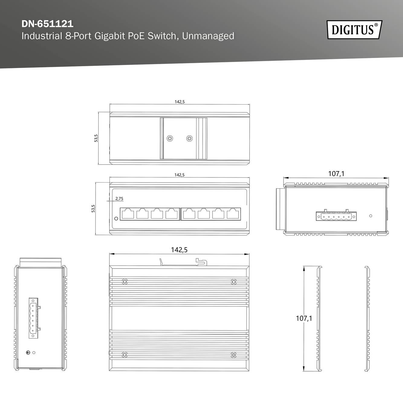 Průmyslový 8-portový gigabitový PoE switch od Digustu, nespravovaný. Rozměry a detaily připojení znázorněny v technickém výkresu.