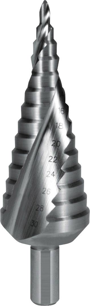 Stupňovitý vrták z kovu s viditelnými značkami velikosti, začínající od 16 mm do 30 mm, určený pro přesné vrtání různých průměrů.