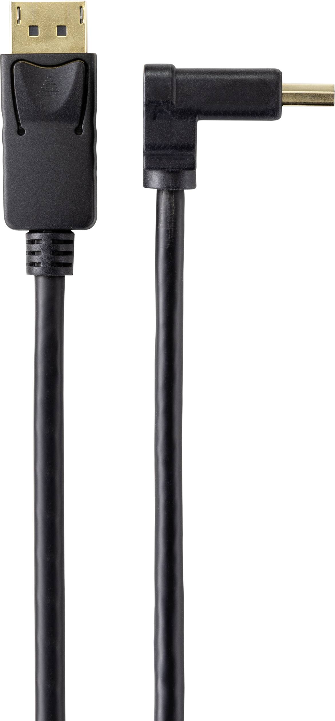 Černý kabel s pravoúhlou zástrčkou a HDMI konektorem, vhodný pro připojení počítačů nebo video zařízení.