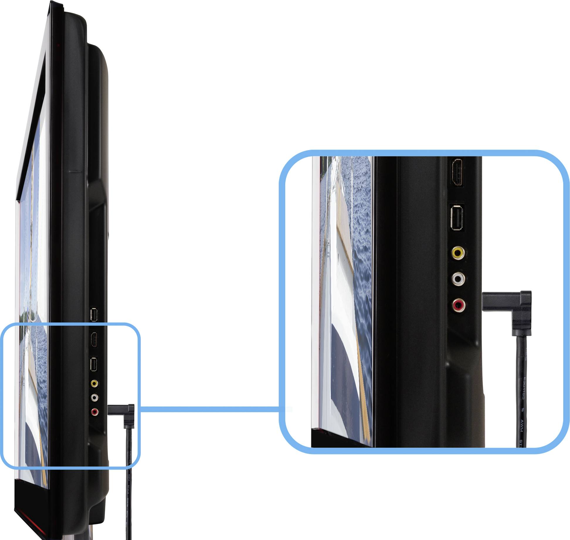 Boční pohled na monitor se záběrem detailu konektorů: HDMI, USB, Audio a Video. Kabel je připojen k HDMI zdířce.