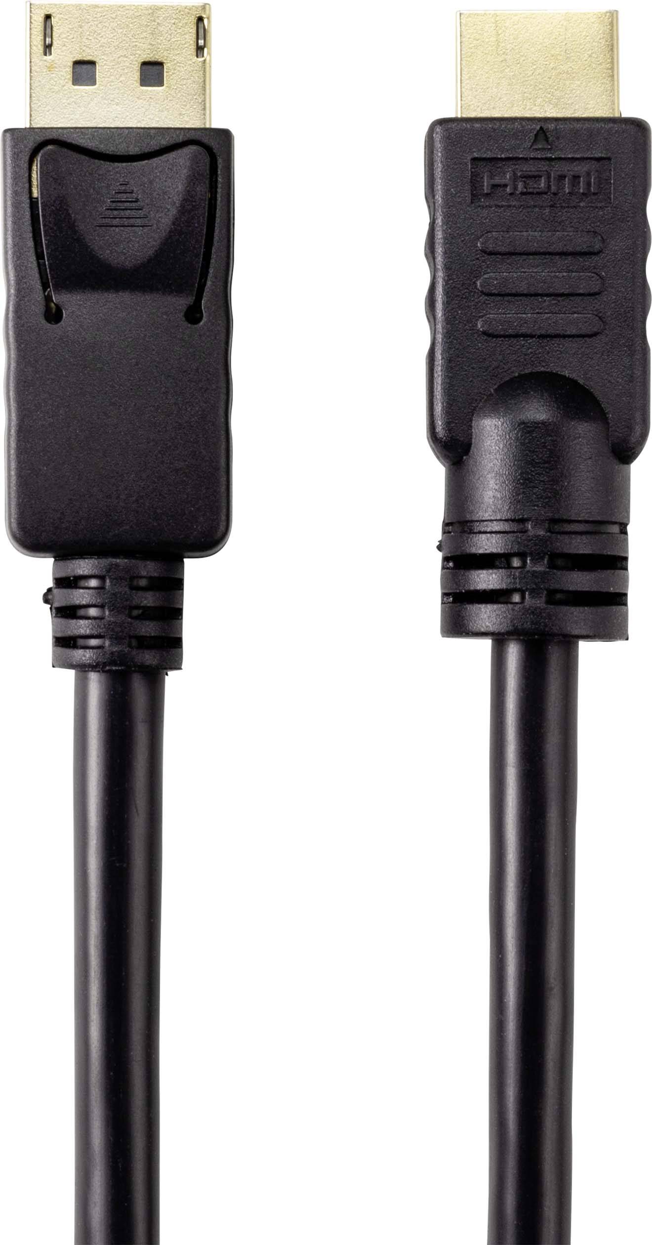 Černý kabel s konektory DisplayPort a HDMI, vhodný pro připojení počítačů k monitorům nebo televizím.